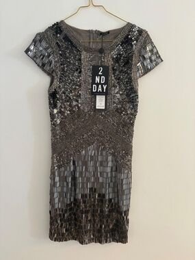 2NDDAY silver sequin beaded cocktail dress